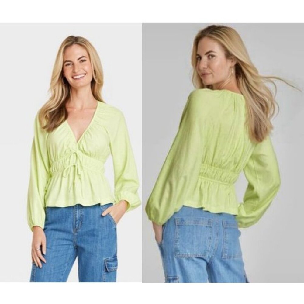 Universal Thread Women's Puff Long Sleeve Tie-Front Blouse Light Green XS